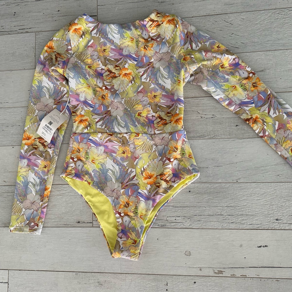 NWT Maaji Floral Long Sleeve One-Piece Swimsuit in Yellow and Lavender